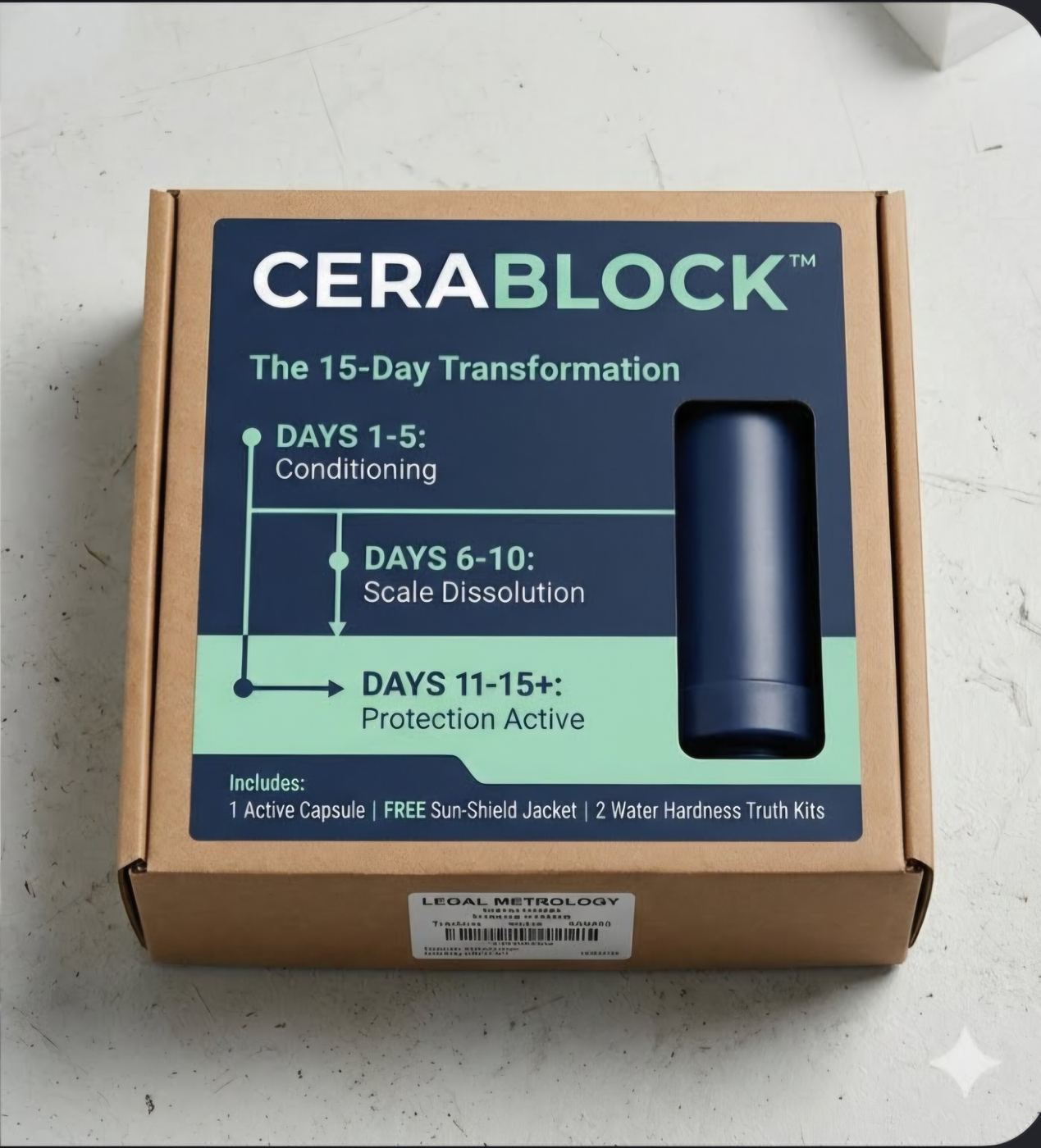 Cerablock Starter Kit packaging showing the 15-day transformation timeline